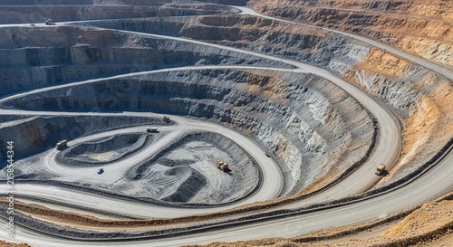 Vast open-pit mine with layered terraces and winding roads, showcasing industrial excavation and heavy machinery in operation.