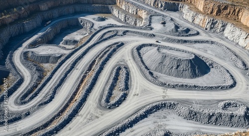 Vast open-pit mine with winding roads and layered terrain, showcasing industrial excavation from above