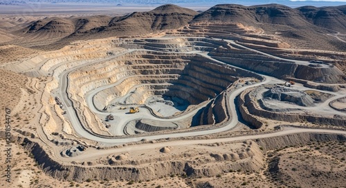 Vast Open-Pit Uranium Mine with Terraced Excavation and Industrial Machinery in Arid Landscape