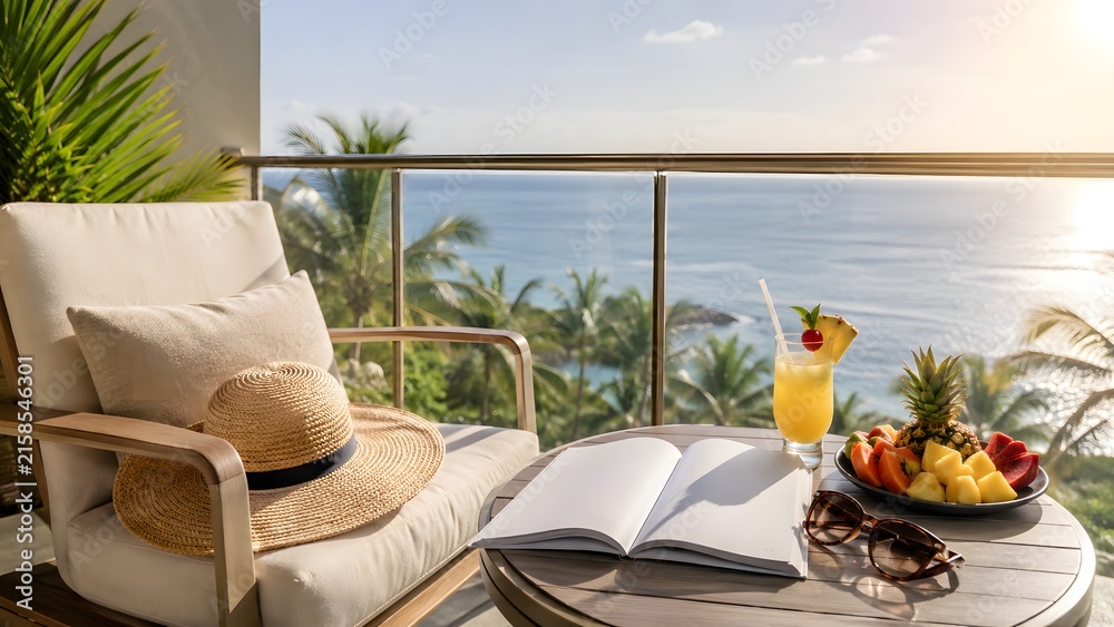 Fototapeta premium Luxury Summer Vacation on Tropical Hotel Balcony with Ocean View