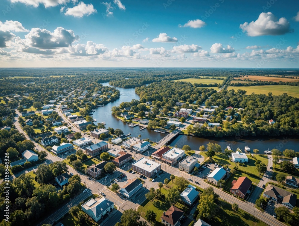 Fototapeta premium Aerial view of Putnam County Florida showing detailed road map, river. Panoramic landscape with small town, houses, green trees, winding water. Urban area meets nature with blue sky, white clouds