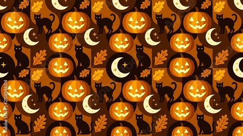 Halloween seamless pattern with pumpkins, cats and moon