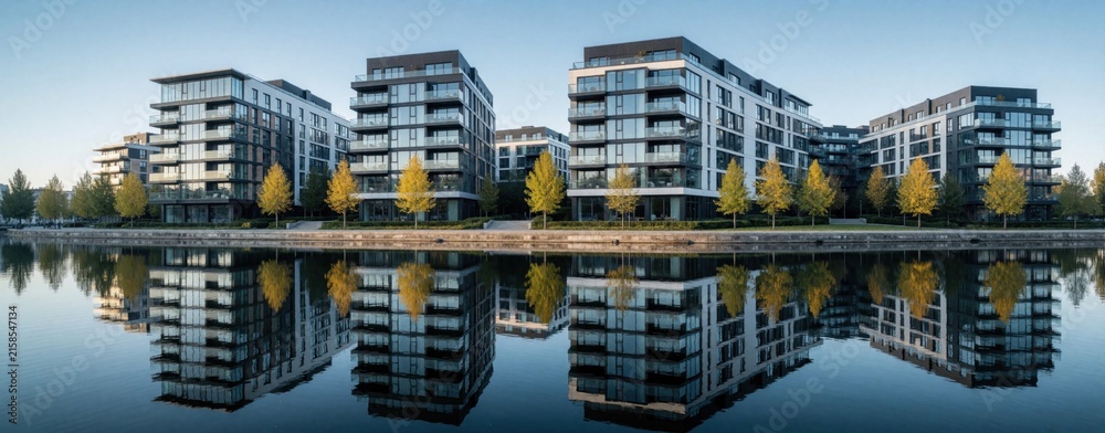 Fototapeta premium Modern apartment blocks with glass facades stand by calm water reflecting buildings and trees. Buildings have balconies and rooftop terraces, showing sunrise.
