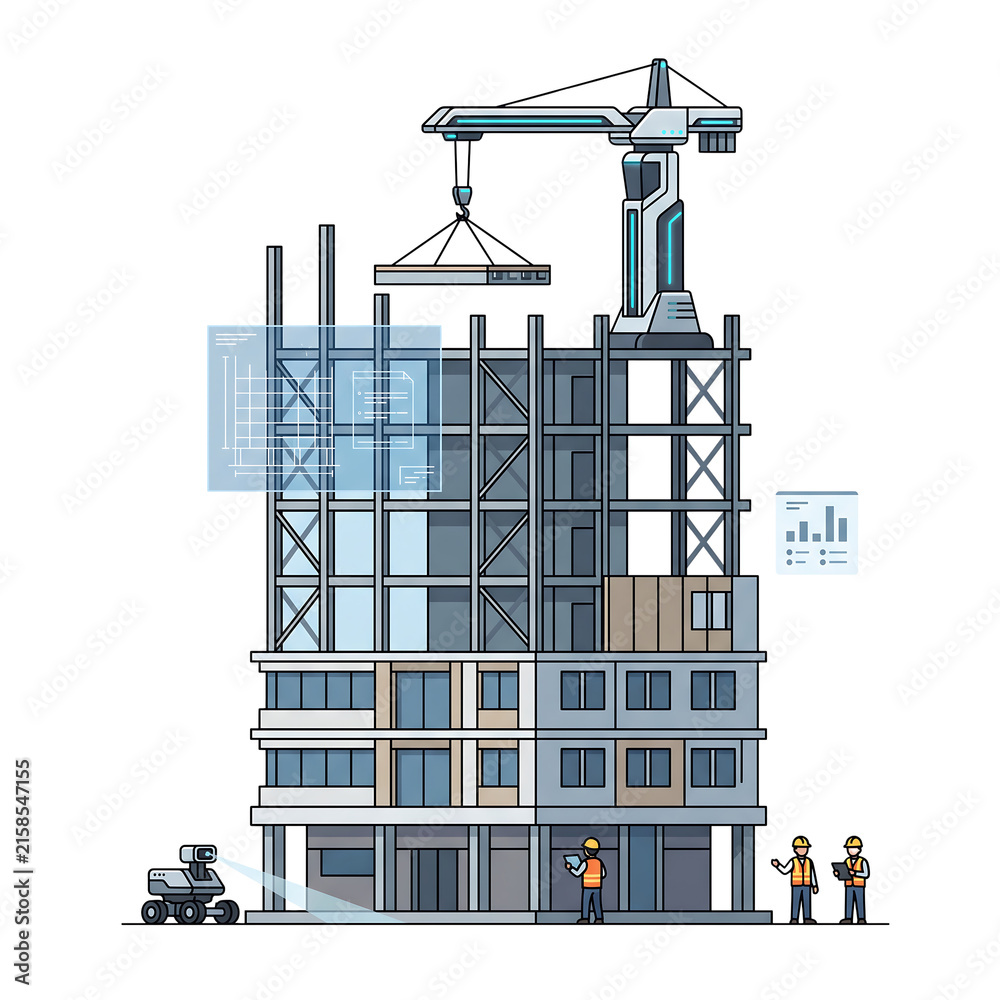 Fototapeta premium Construction site with futuristic building structure and crane