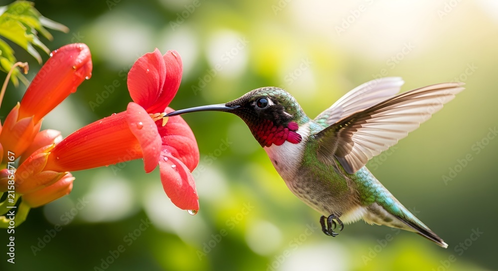 Obraz premium Ruby Throated Hummingbird Sips Nectar from Vibrant Orange Trumpet Vine Flowers.