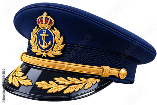 A detailed navy officer peaked cap with golden emblem and visor isolated on transparent background