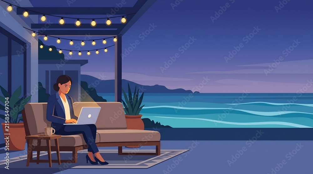 Fototapeta premium Woman Relaxing On Coastal Balcony With Laptop At Dusk.