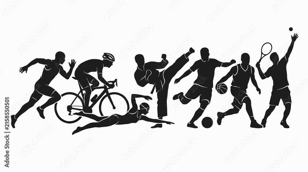 Obraz premium Group of athletes performing various sports activities including running cycling martial arts soccer basketball and tennis