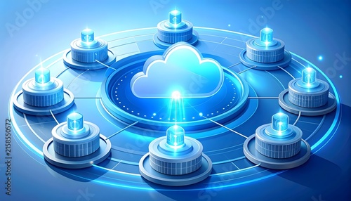 Cloud Computing Infrastructure Concept with Connected Servers and Glowing Network Rings.