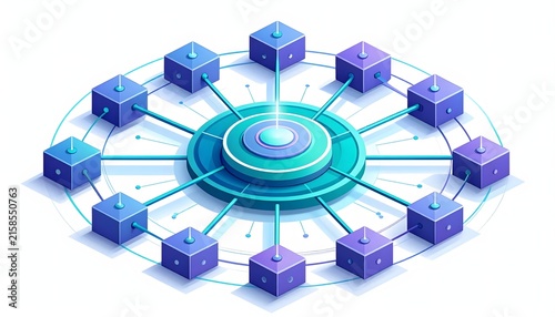 Isometric Decentralized Blockchain Network Vector Illustration with Connected Data Blocks.