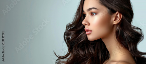 Beautiful Woman Profile Portrait with Long Shiny Wavy Hair and Natural Glowing Skin