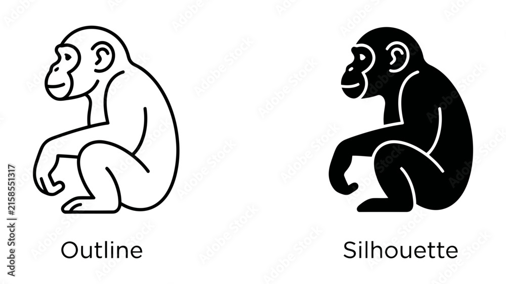 Fototapeta premium Chimpanzee Icon Outline and Silhouette: Two clear icons depicting a chimpanzee in a seated position, one as a simple outline and the other as a solid silhouette.