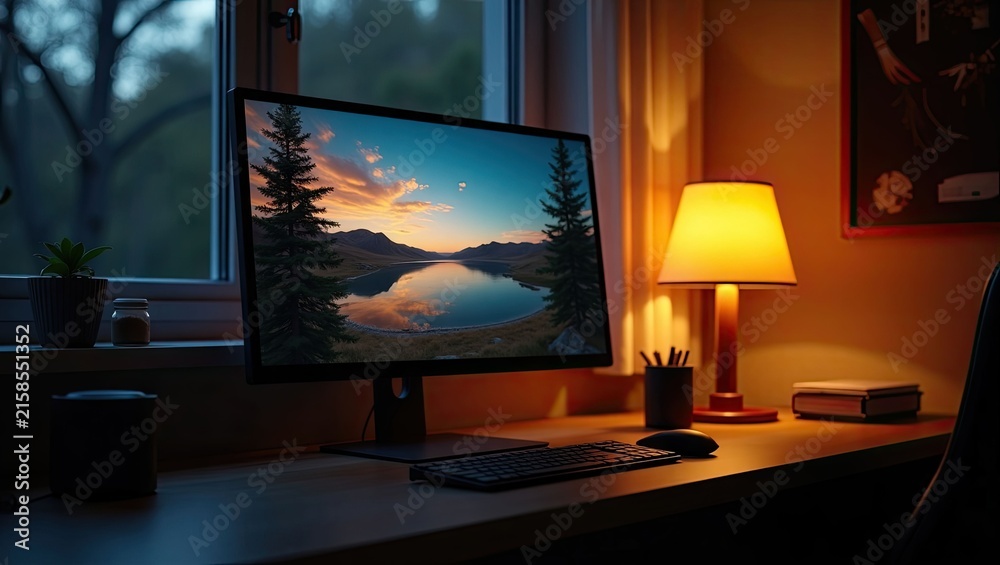 Fototapeta premium Relaxing home office atmosphere computer screen lamp and tranquil scene