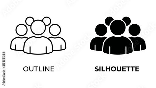 Group Icon: A set of stylized figures representing a group or team, presented in both outline and silhouette formats.