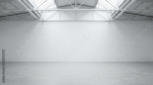 Empty Modern Warehouse Industrial Interior with White Brick Wall