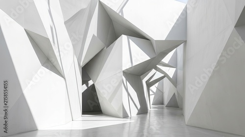 Abstract Geometric Interior Design with Modern White Polygonal Walls