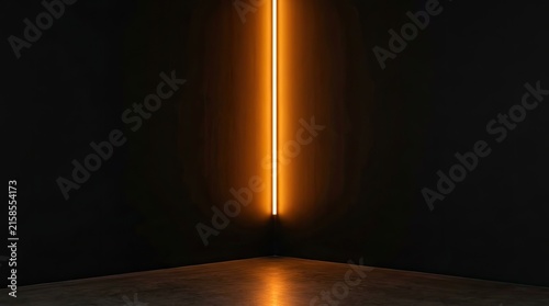 Minimalist dark room corner with vertical glowing warm orange neon light
