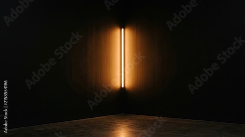 Minimalist vertical orange light in a dark room corner
