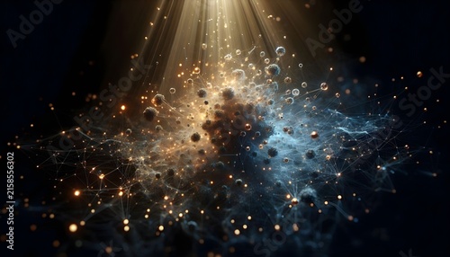 Abstract brain visualization with golden light rays and connected neural nodes