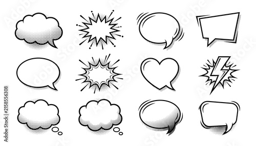 Collection of empty black and white comic book speech bubbles featuring vintage halftone shading textures and blank frames