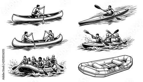 Collection of hand drawn engraving style icons featuring people paddling in canoes kayaks and white water rafting boats