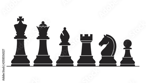 Complete set of standard black chess pieces lined up including king queen bishop rook knight and pawn
