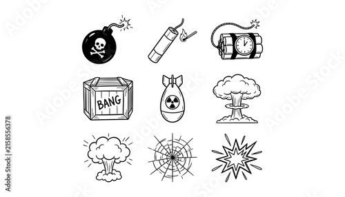 Hand drawn vector icon collection featuring explosives cannonball bombs dynamite time devices nuclear weapons and mushroom cloud blasts