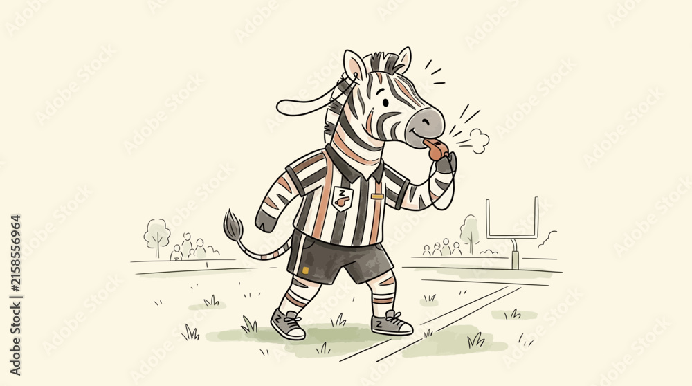Fototapeta premium Cartoon zebra football player holding snack on field.