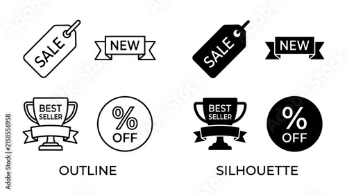 Foto Sale and Discount Icon Set: A collection of graphic icons representing sales, new arrivals, best sellers, and discounts, presented in both outline and silhouette styles