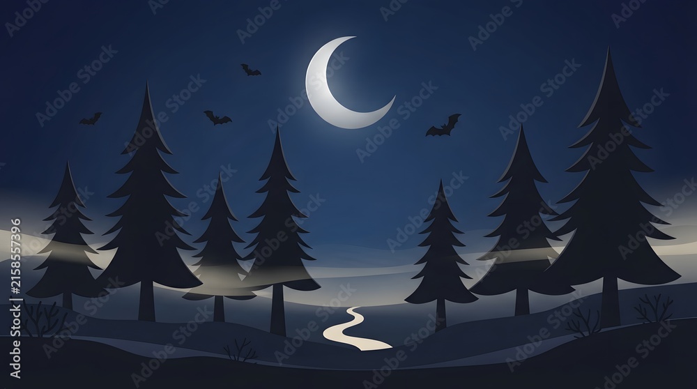 Fototapeta premium A serene and mystical nighttime landscape featuring a crescent moon illuminating a shadowy forest and calm waters
