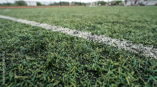 Close up view of a white painted line on a green artificial turf grass soccer field for sports games and training activities in a large stadium on a bright sunny day for exercise