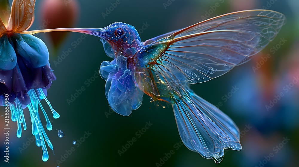 Naklejka premium 28. A beautiful shot of a synthetic hummingbird. Its wings are made of delicate translucent glass-like organic membranes, feeding on a glowing flower that leaks neon blue nectar. Ultra-high 