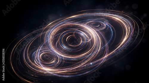 Glowing abstract light circles with golden and blue particles spinning in dark space creating a magic portal effect for futuristic technology background and digital art design projects
