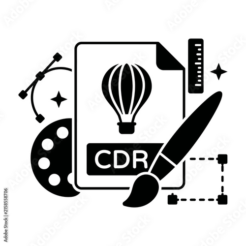 Hot air balloon graphic design elements on document with paintbrush and palette
