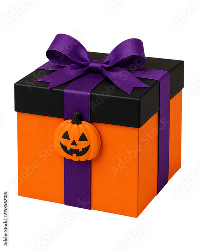 Halloween gift box with purple bow and pumpkin sticker