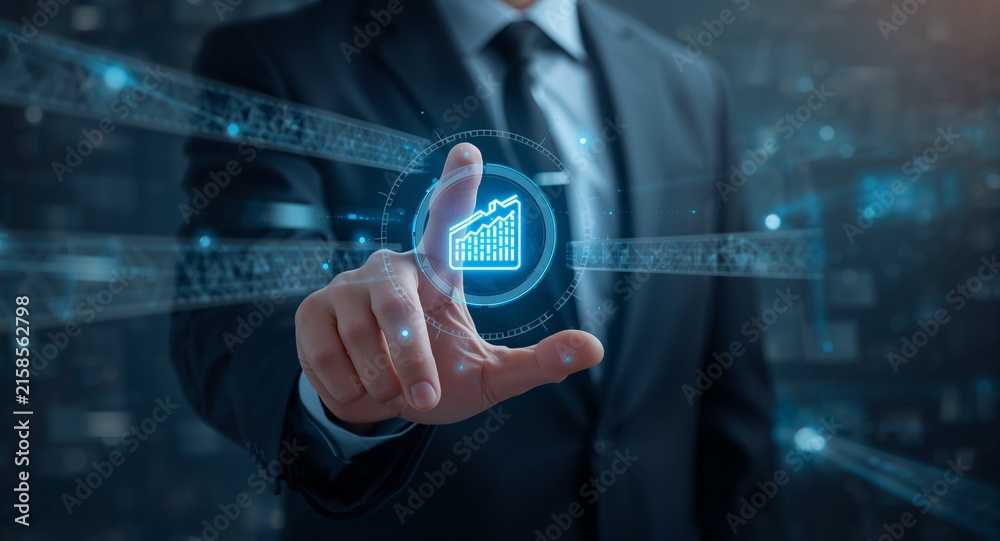 Obraz premium Hand interacting with holographic tax benefits visualization for investments in empty space with copy space on left, featuring Investment Tax Benefits and Tax Visualization, with Finance, for web use