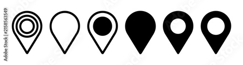 Diverse location pin styles include multiple outline and solid variants for navigation ui development.