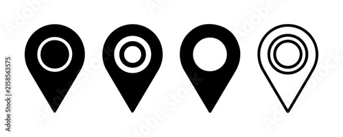 Location marker pin icon collection in black solid and stroke styles for digital map visualization.