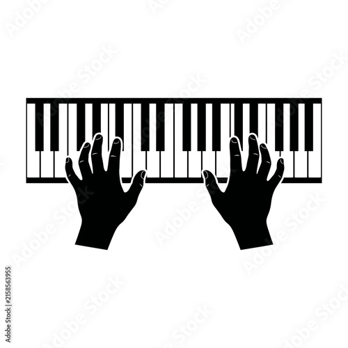Silhouette of hands playing piano keys on white background symbolizing music and art