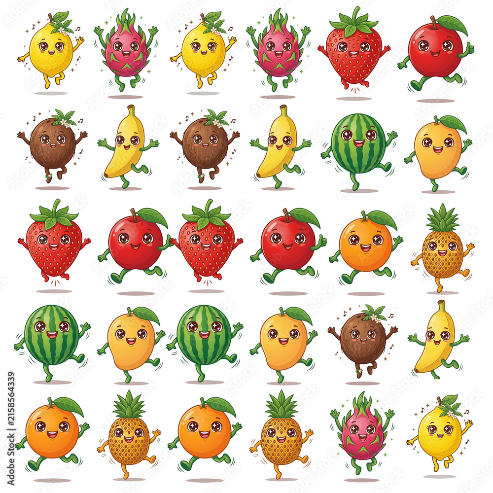 Fototapeta premium Cute Anthropomorphic Fruit Characters Collection with Happy Expressions and Funny Poses for Children Design