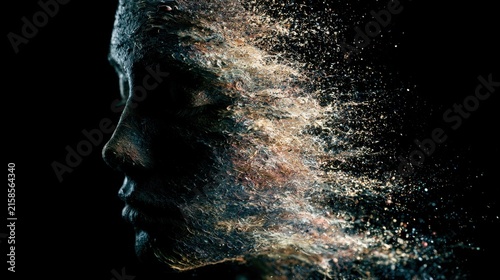 Disintegration of Self: A profile portrait of a person's face dissolving into particles, symbolizing transformation, breakdown, or the ephemeral nature of identity.