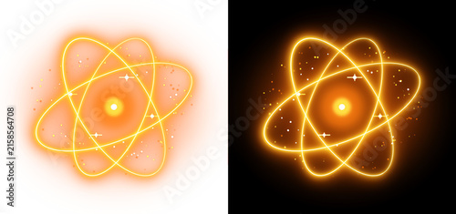 Foto Glowing atomic structure with radiant orbital rings and sparkling particles for