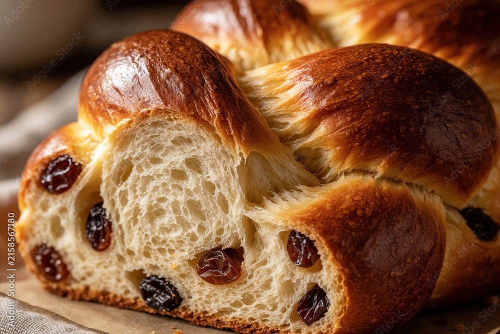 Fototapeta premium Close up of freshly baked raisin bread loaf. Golden brown crust, soft interior with sweet raisins. Homemade braided pastry perfect for breakfast or holidays.