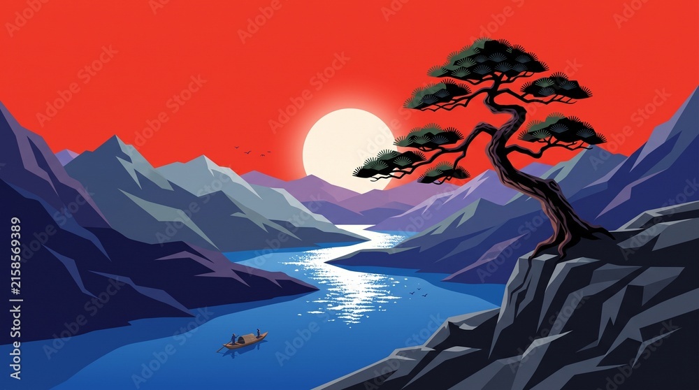 Fototapeta premium Vintage retro anime landscape vector illustration. Japanese style bonsai tree on cliff, mountain river scenery sunset background.