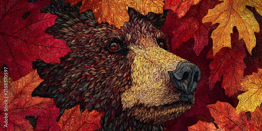 Naklejka premium Grizzled bear portrait emerges from layered autumn leaves.
