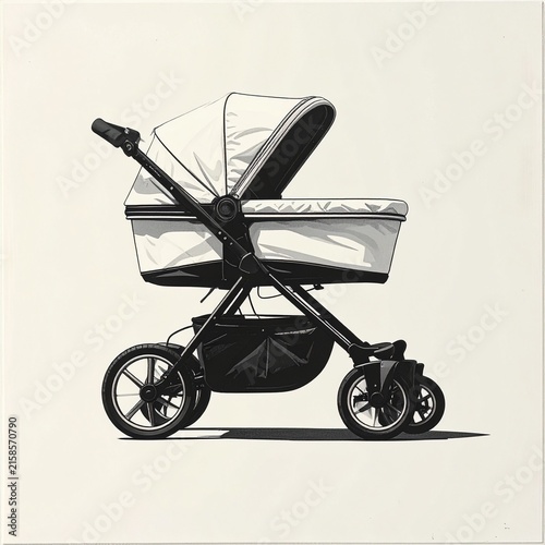 Modern Black Baby Stroller with Large Canopy and Wheels.