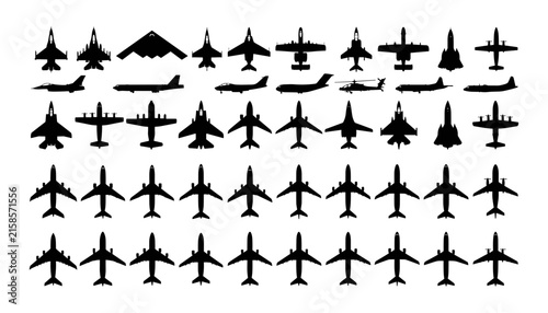 Airplane silhouettes set collection aircraft jet plane passenger military flight vector illustration isolated on white background