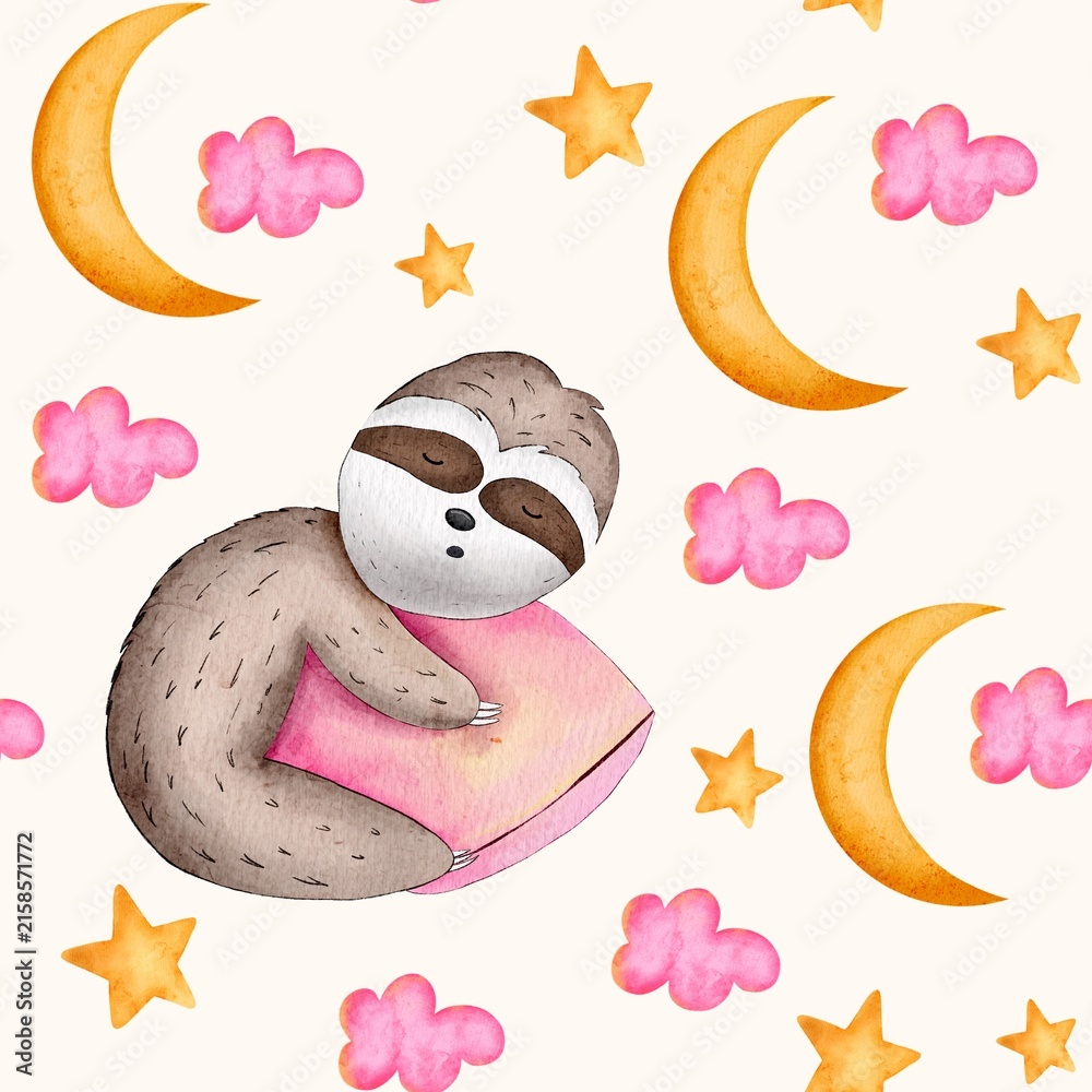 Naklejka premium Watercolor seamless pattern with cute sleeping sloth, pink clouds, stars and crescent moon