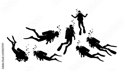 Scuba diver silhouettes set collection underwater diving with air bubbles sports vector illustration isolated on white background
