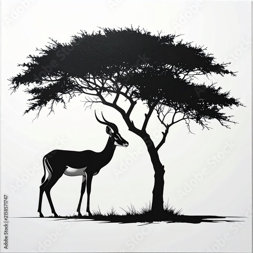 Silhouette of a gazelle standing under a large acacia tree.